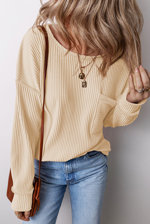 Pocketed Round Neck Long Sleeve Top