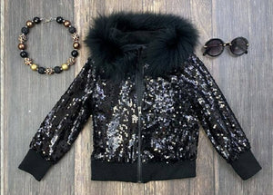Sequin Bomber Jacket with Removeable Fur Collar