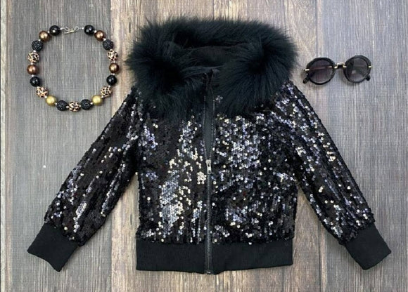 Sequin Bomber Jacket with Removeable Fur Collar