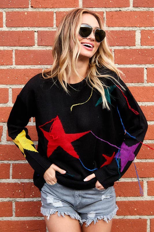 Shooting Star Sweater With Fringe Trim