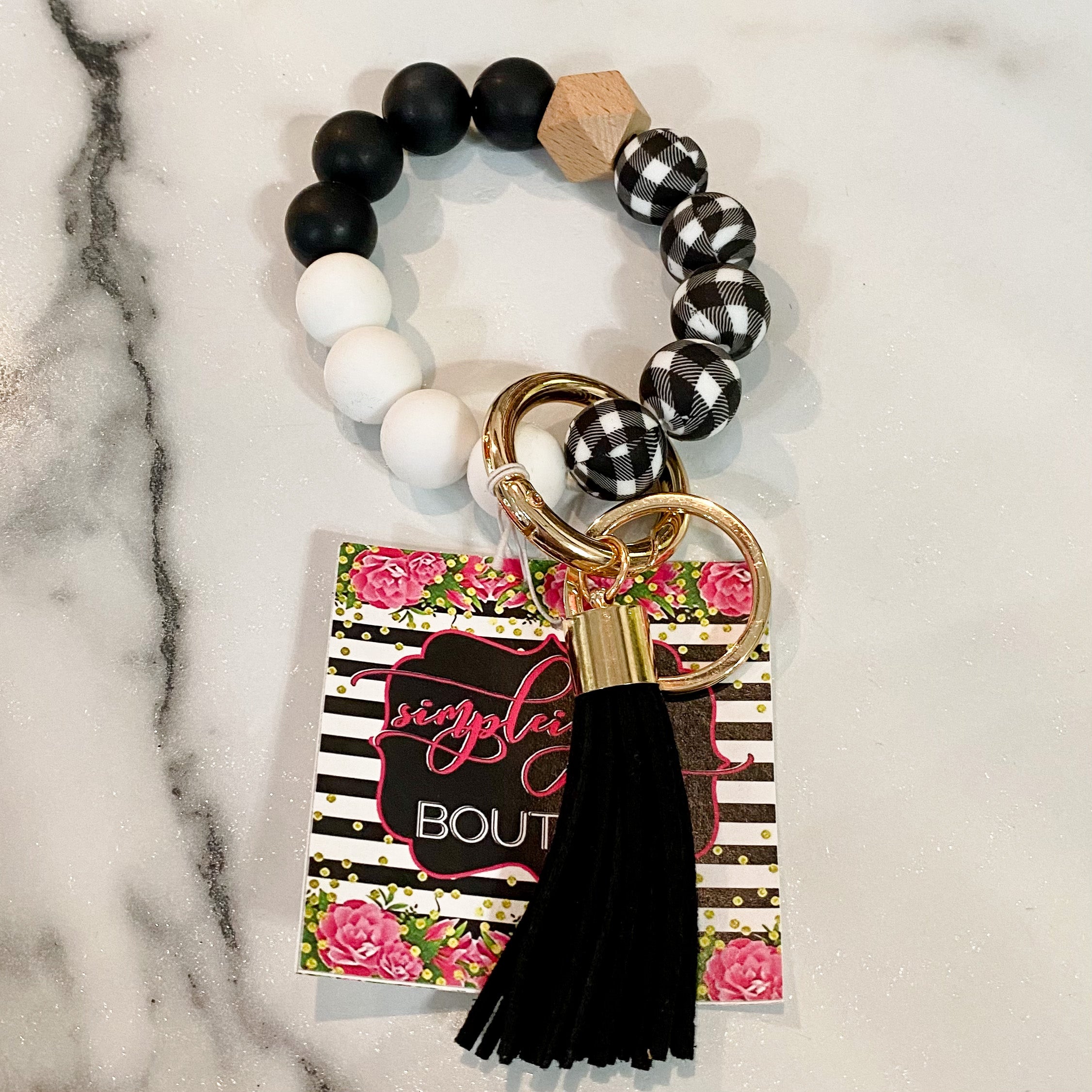 Silicone Wristlet Key Ring - Black & White Buffalo Plaid