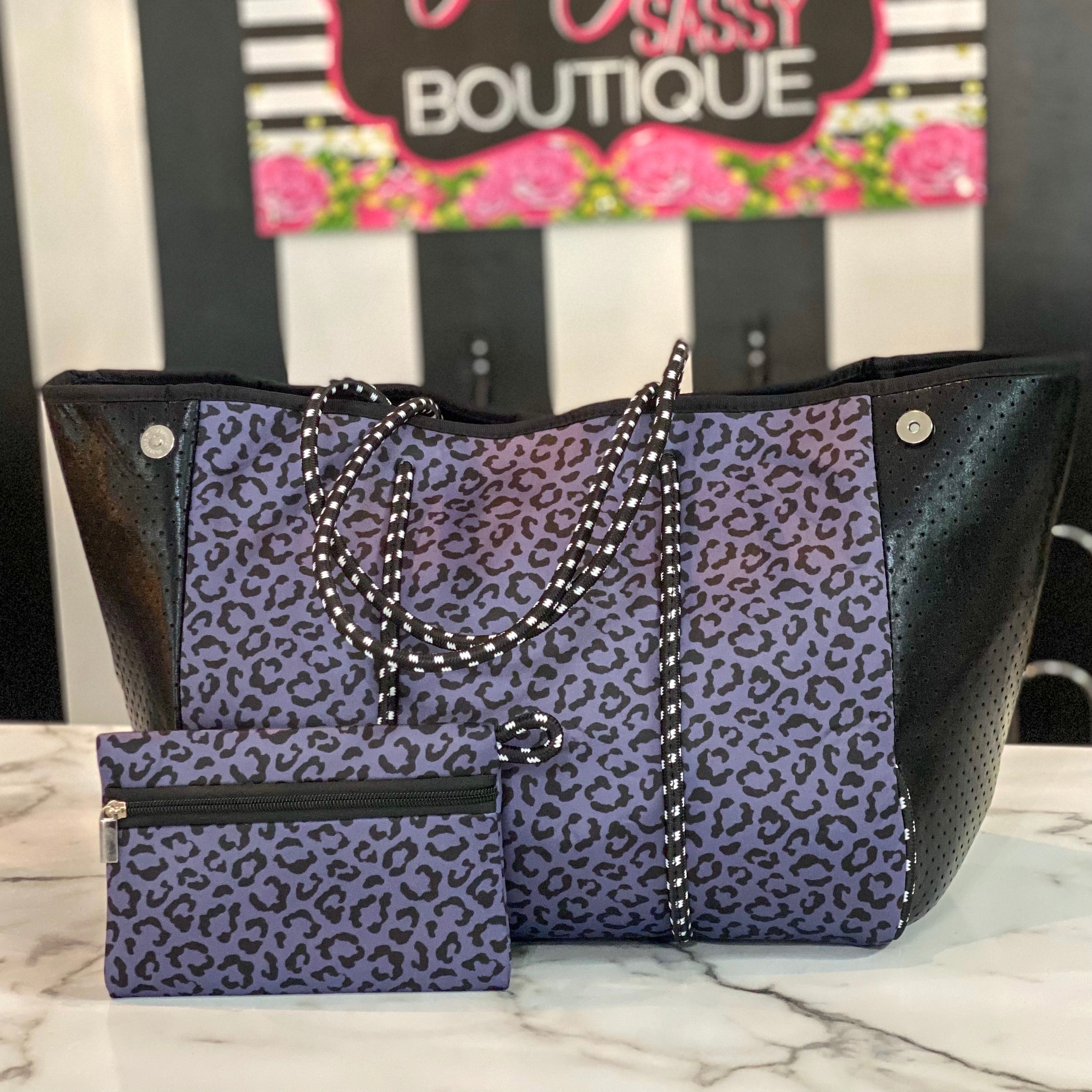 Navy Leopard Neoprene Tote