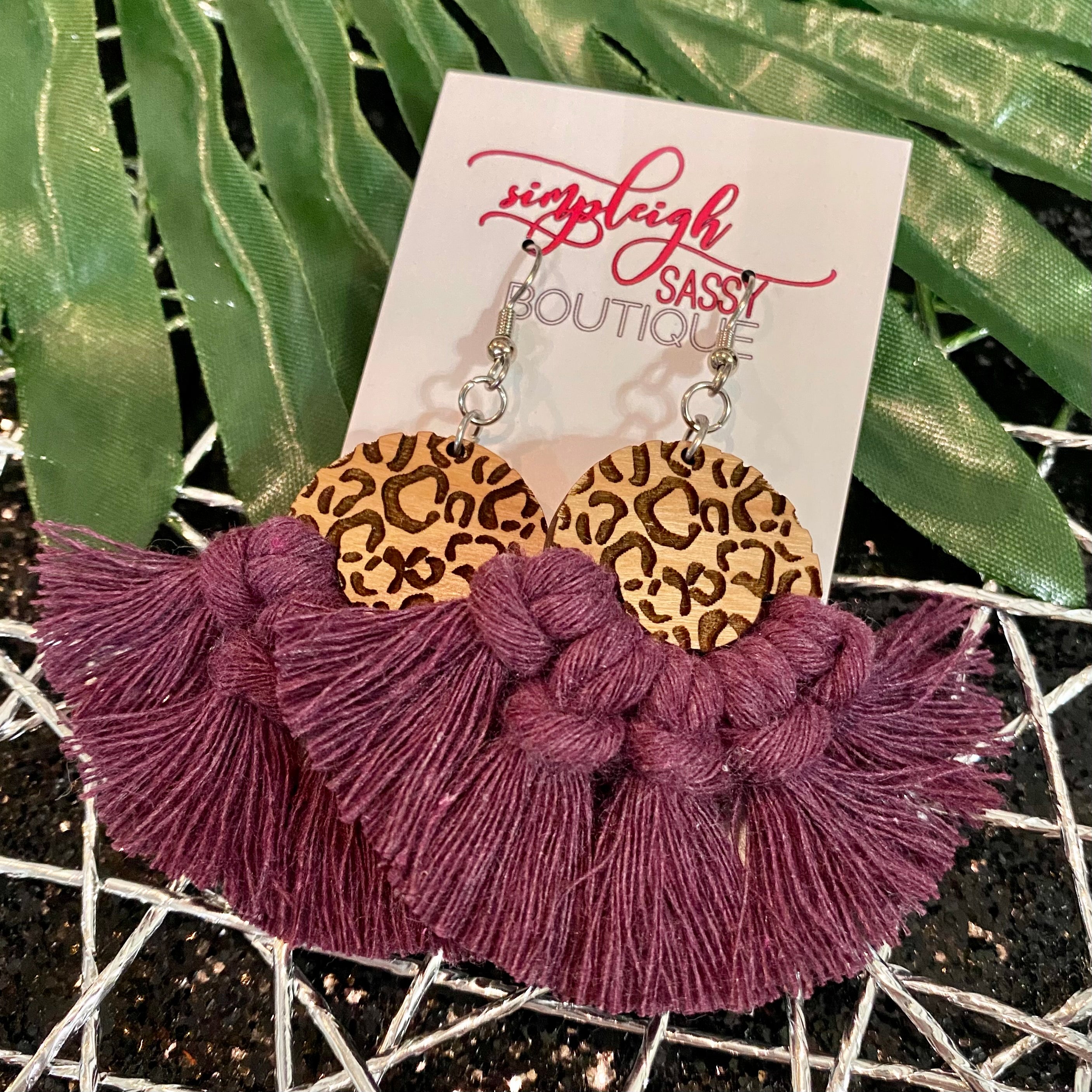 Leopard Macrame Fringe Hook Earrings