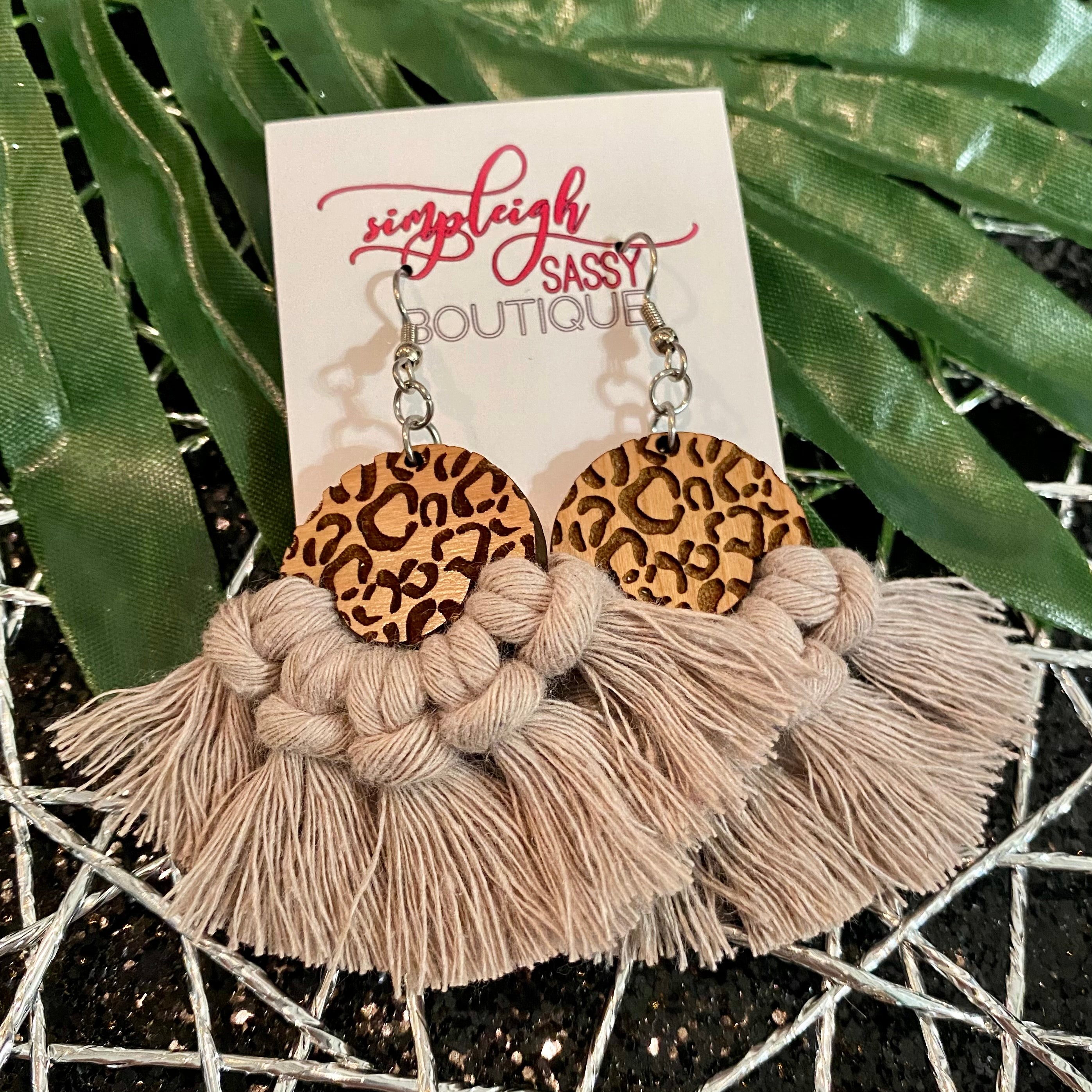Leopard Macrame Fringe Hook Earrings