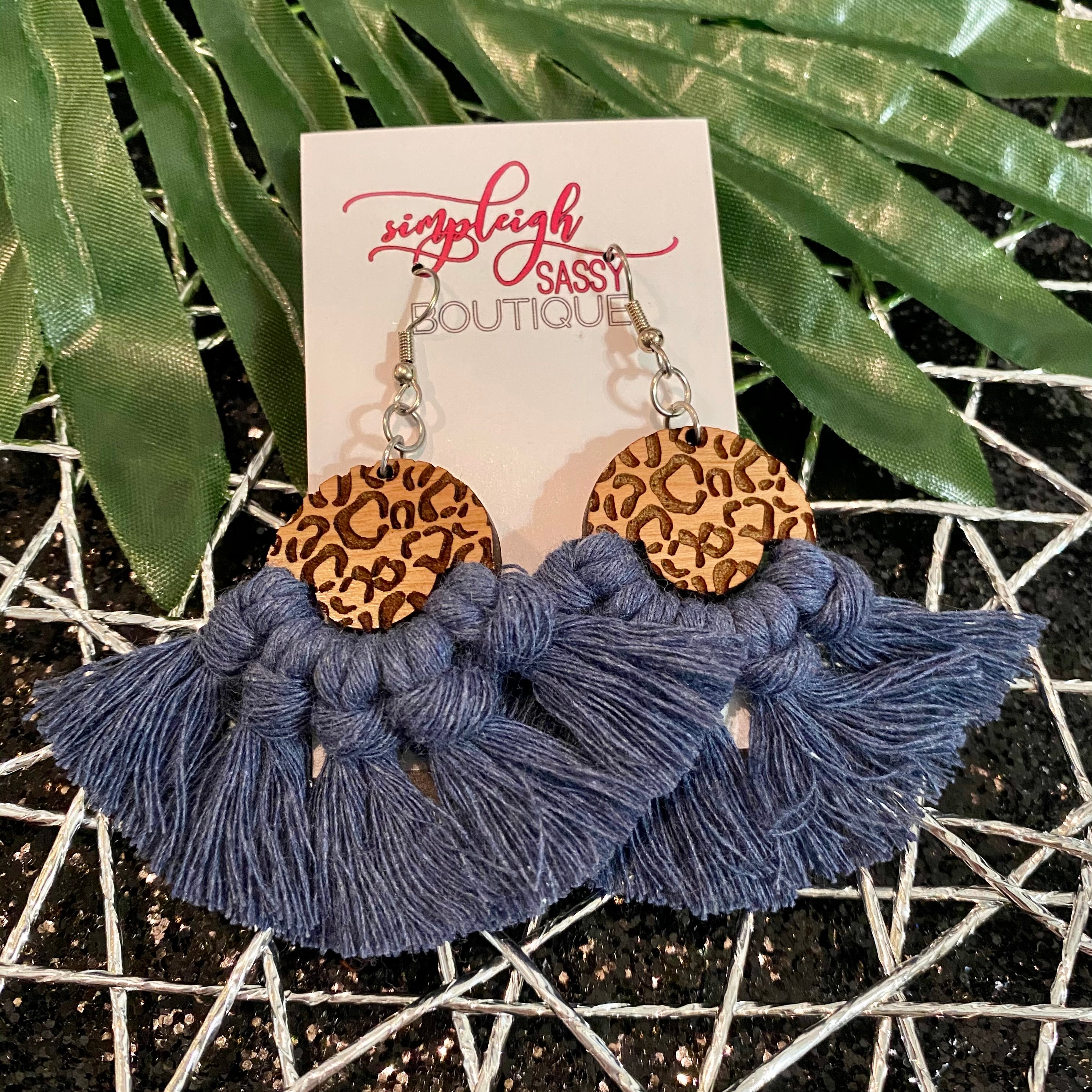 Leopard Macrame Fringe Hook Earrings