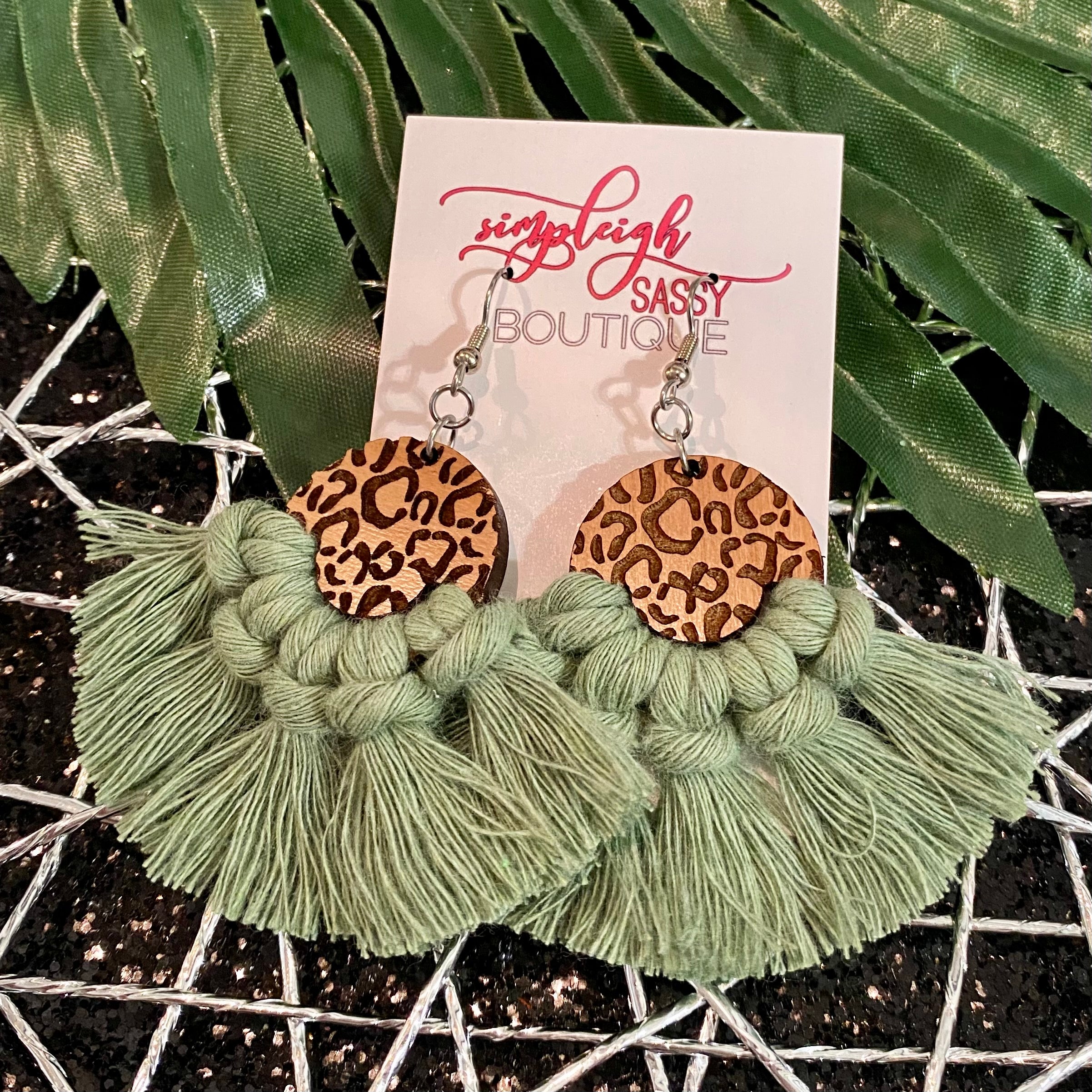 Leopard Macrame Fringe Hook Earrings